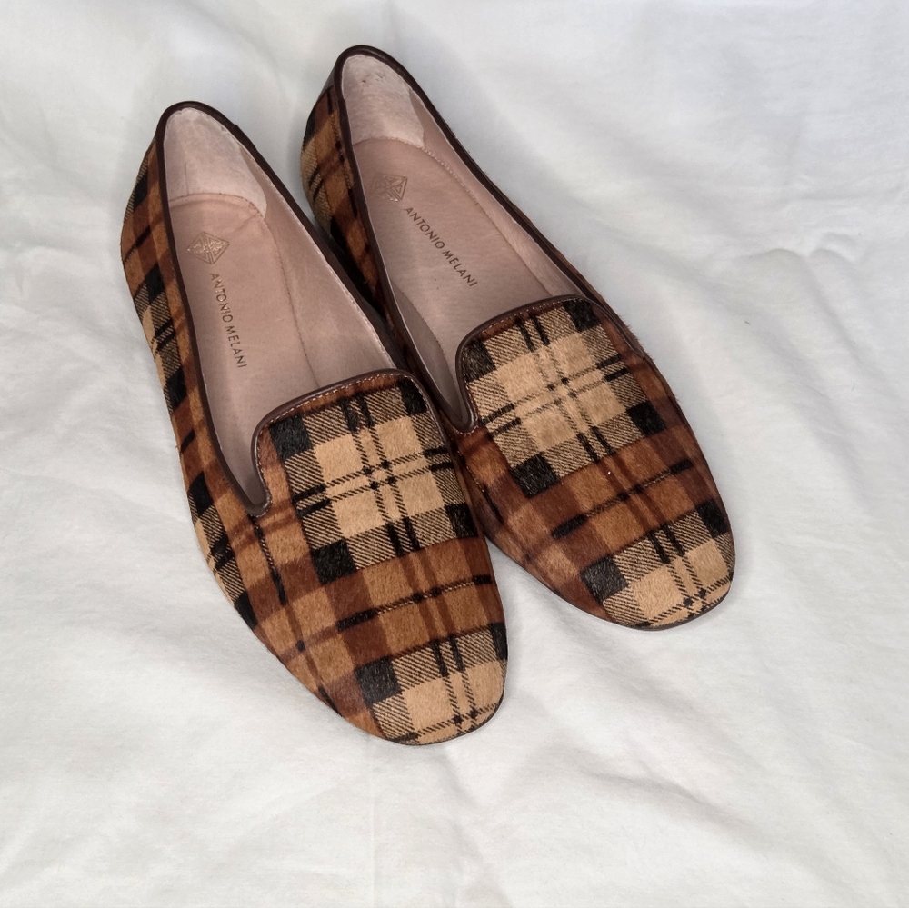 New Antonio Melani Larrah Brown Plaid Print Calf Hair Dress Loafers Size 7.5M